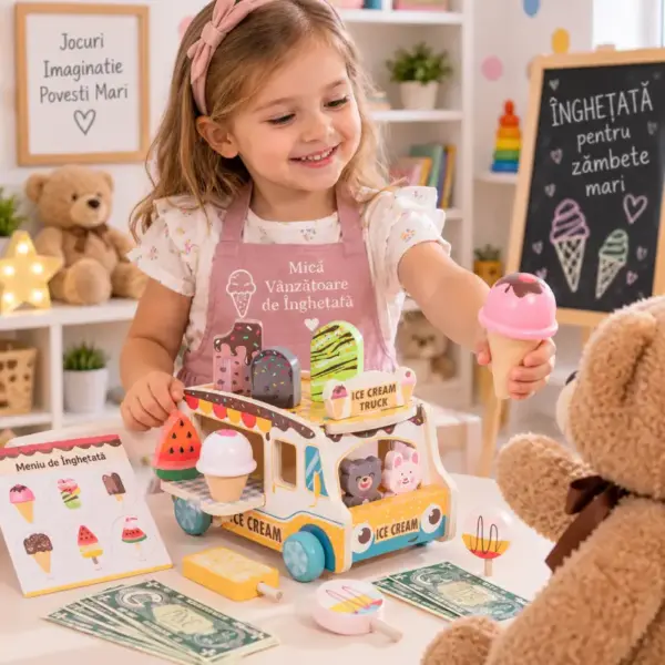 Masinuta Ice Cream Truck din Lemn cu Inghetate si Accesorii pentru Copii