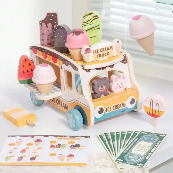 Masinuta Ice Cream Truck din Lemn cu Inghetate si Accesorii pentru Copii