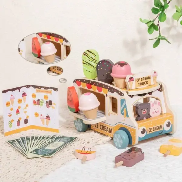 Masinuta Ice Cream Truck din Lemn cu Inghetate si Accesorii pentru Copii