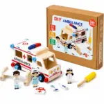 Ambulanta de Construit din Lemn pentru Copii 3 Ani+ Set DIY cu Surubelnita Personaje si Accesorii