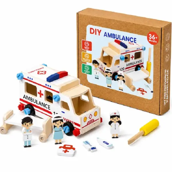 Ambulanta de Construit din Lemn pentru Copii 3 Ani+ Set DIY cu Surubelnita Personaje si Accesorii