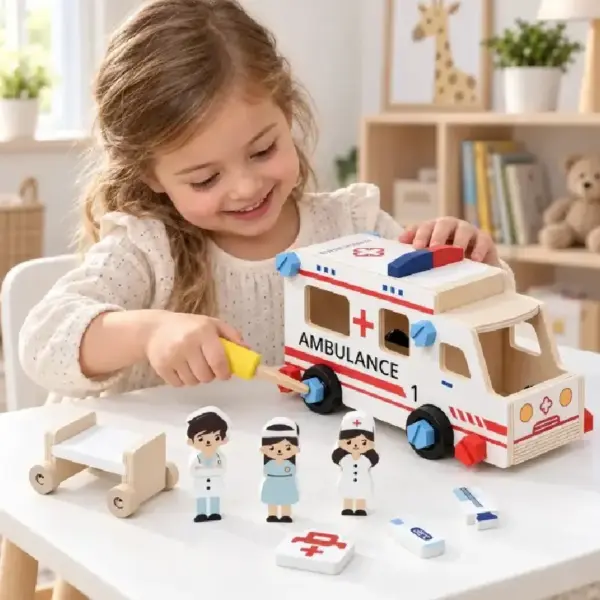 Ambulanta de Construit din Lemn pentru Copii 3 Ani+ Set DIY cu Surubelnita Personaje si Accesorii
