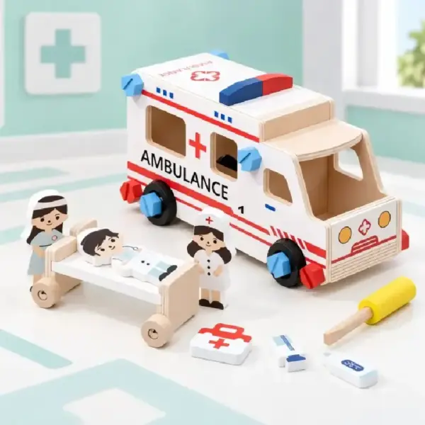 Ambulanta de Construit din Lemn pentru Copii 3 Ani+ Set DIY cu Surubelnita Personaje si Accesorii