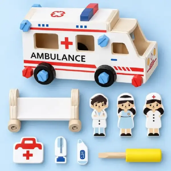 Ambulanta de Construit din Lemn pentru Copii 3 Ani+ Set DIY cu Surubelnita Personaje si Accesorii