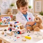 Ambulanta de Construit din Lemn pentru Copii 3 Ani+ Set DIY cu Surubelnita Personaje si Accesorii