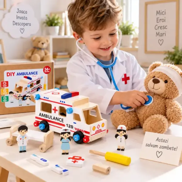 Ambulanta de Construit din Lemn pentru Copii 3 Ani+ Set DIY cu Surubelnita Personaje si Accesorii