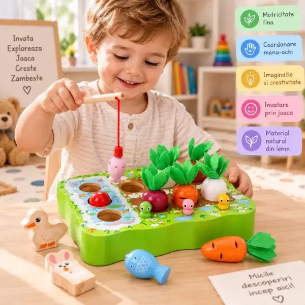 Joc Montessori din Lemn pentru Copii cu Pescuit Magnetic si Cules Morcovi