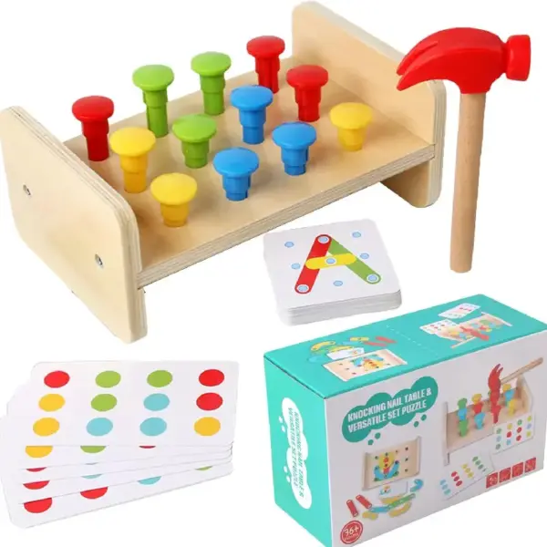 Joc Montessori din Lemn cu Ciocanel Pioni Colorati si Carduri de Asociere Joc Montessori din Lemn cu Ciocanel Pioni Colorati si Carduri de Asociere
