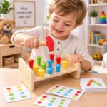 Joc Montessori din Lemn cu Ciocanel Pioni Colorati si Carduri de Asociere Joc Montessori din Lemn cu Ciocanel Pioni Colorati si Carduri de Asociere