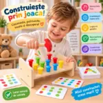 Joc Montessori din Lemn cu Ciocanel Pioni Colorati si Carduri de Asociere Joc Montessori din Lemn cu Ciocanel Pioni Colorati si Carduri de Asociere