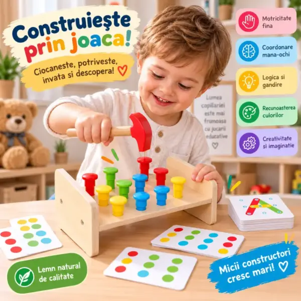 Joc Montessori din Lemn cu Ciocanel Pioni Colorati si Carduri de Asociere