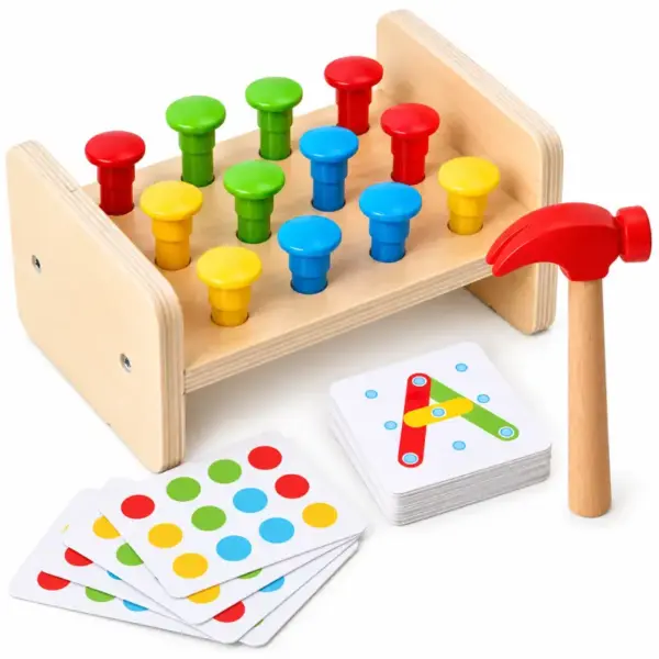Joc Montessori din Lemn cu Ciocanel Pioni Colorati si Carduri de Asociere