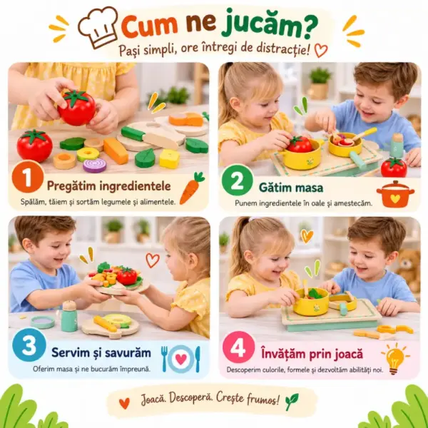 Set de Gatit din Lemn pentru Copii cu Alimente de Taiat