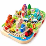 Servieta Circuit din Lemn pentru Copii cu Tren Masinute si Cladiri