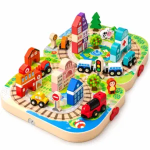 Servieta Circuit din Lemn pentru Copii cu Tren Masinute si Cladiri