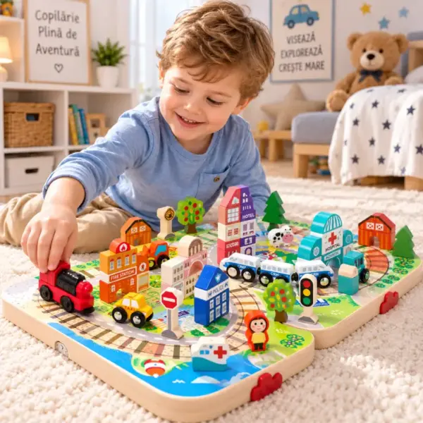 Servieta Circuit din Lemn pentru Copii cu Tren Masinute si Cladiri