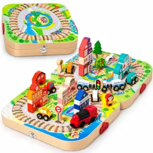 Set Oras si Circuit Feroviar din Lemn Pliabil Tip Servieta pentru Copii