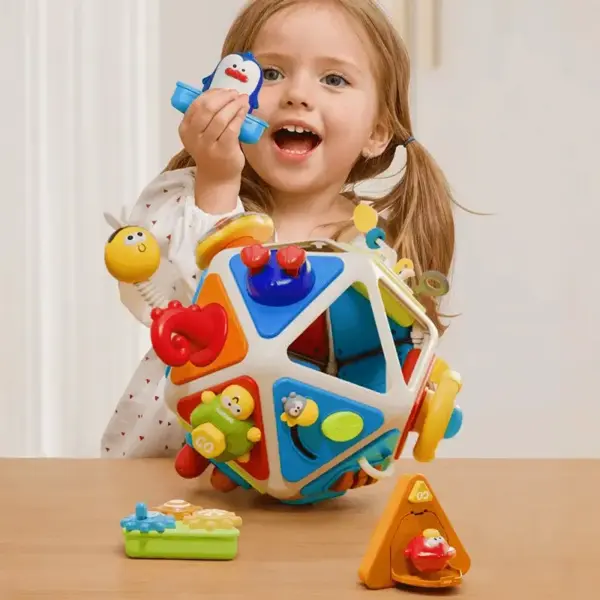 Cub Busy Senzorial Interactiv pentru Bebelusi cu Activitati Montessori
