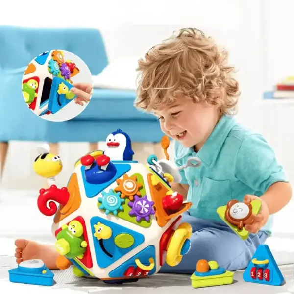 Cub Busy Senzorial Interactiv pentru Bebelusi cu Activitati Montessori