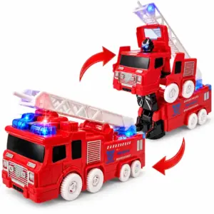 Masina de Pompieri 2 in 1 Transformabila in Robot cu Scara Lumini si Sunete