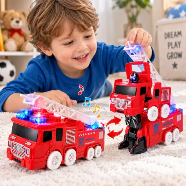 Masina de Pompieri 2 in 1 Transformabila in Robot cu Scara Lumini si Sunete