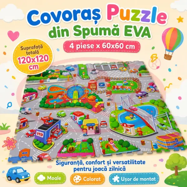 Covor de Joaca Puzzle EVA 4 Piese 60x60 cm Orasel pentru Copii