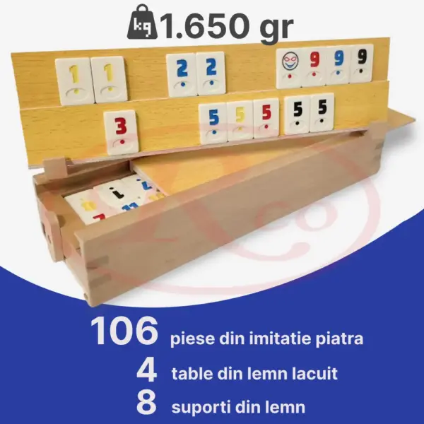Joc Remi din Lemn Masiv cu 106 Piese Rummy Clasic de Familie