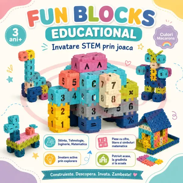 Set Constructie STEM 480 Piese 3D cu Litere Cifre si Simboluri 3 Ani+