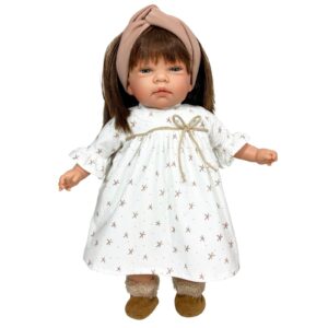 Papusa Nines D'Onil, Celia, cu parul saten, cu rochie alba, cu miros de vanilie, 45 cm