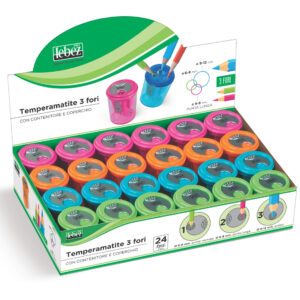 Ascutitoare de creion cu 3 gauri si container transparent, 4 culori (24 buc/display)
