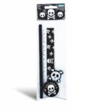 Set scolar cu craniu (1 radiera, 1 ascutitoare, 1 rigla de 15 cm, 1 creion)