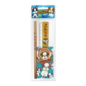 Set scolar Puppy (1 radiera, 1 ascutitoare, 1 rigla de 15 cm, 1 creion, 1 mini blocnotes)