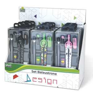 Trusa compas scolar din metal cu desene, cu 6 accesorii (12 blistere/display)