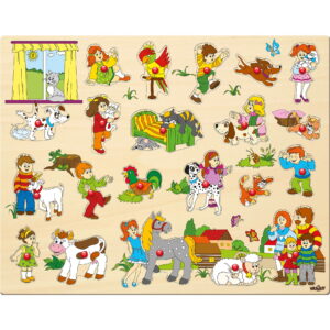 Puzzle din lemn cu butoni - Copii si animale (21 piese)