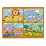 Puzzle din lemn cu butoni - Animale salbatice si puii lor
