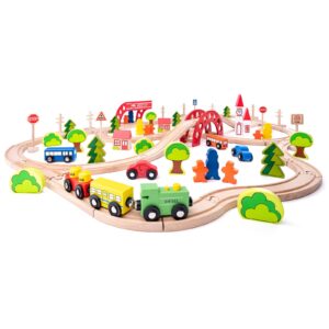 Jucarie din lemn - Set tren cu pod si bariera (90 piese)