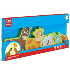 Puzzle din lemn pentru copii cu numere si animale de la ferma