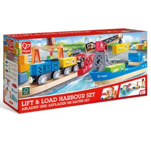 Jucarie din lemn - Set tren cu port de ridicare si incarcare