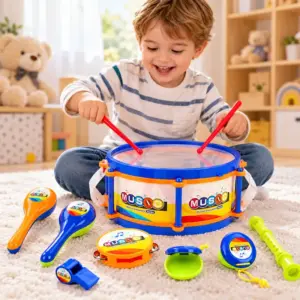 Set Instrumente Muzicale cu 9 Piese Toba cu Bete Maracas Flaut si Tamburina pentru Copii