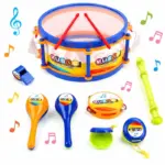 Set Instrumente Muzicale cu 9 Piese Toba cu Bete Maracas Flaut si Tamburina pentru Copii Set Instrumente Muzicale cu 9 Piese Toba cu Bete Maracas Flaut si Tamburina pentru Copii