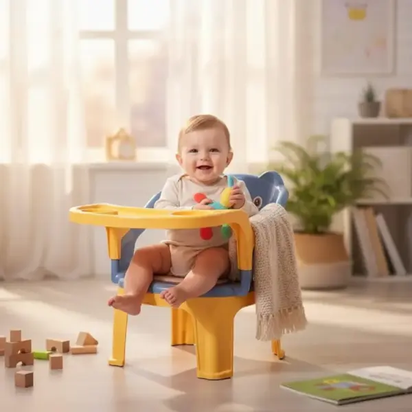 Scaun pentru Copii cu Masuta Detasabila si Suport Pahar Ursulet Galben/Albastru