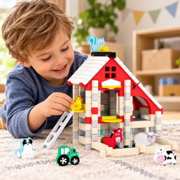 Set de Constructie Ferma cu Animale din Lemn cu Grajd si Tractor