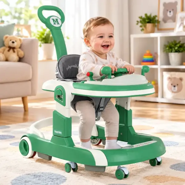 Premergator Multifunctional cu Maner de Impins Volan Interactiv Verde pentru Bebelusi