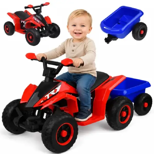 ATV Electric cu Remorca Detasabila Design Off-Road Rosu-Negru pentru Copii ATV Electric cu Remorca Detasabila Design Off-Road Rosu-Negru pentru Copii